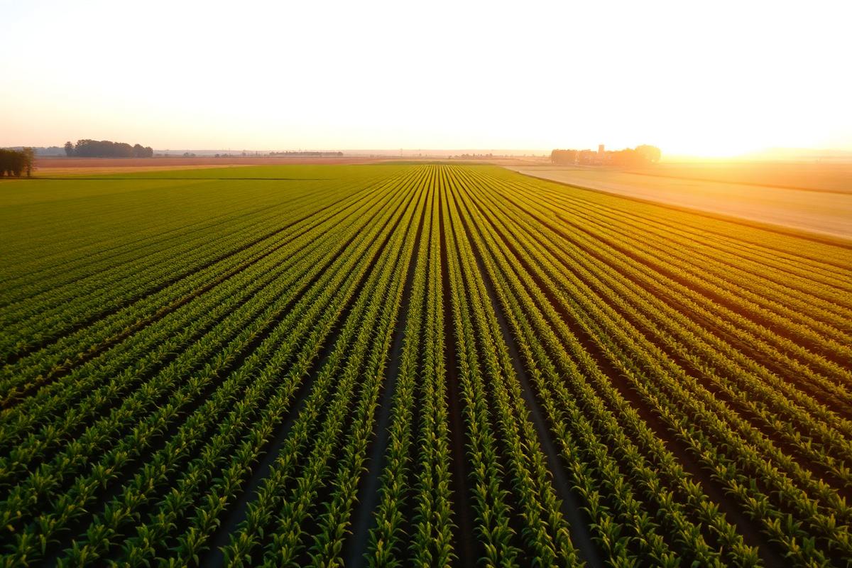 Rows of experimental crops at sunrise