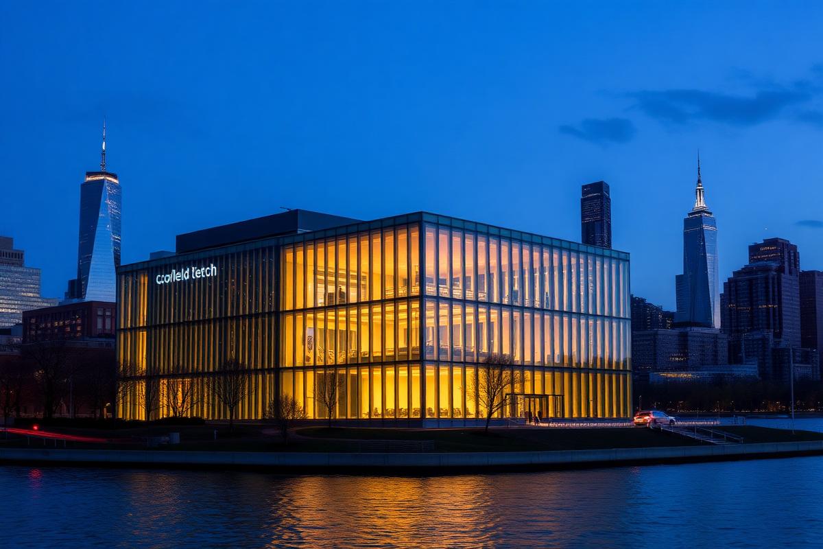 Cornell Tech campus at dusk overlooking Manhattan